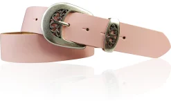 FRESCO schöner Damen Ledergürtel 4 cm mit floraler Gürtelschnalle altsilber, Ledergürtel