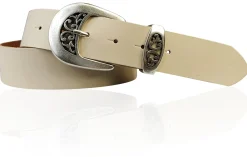 FRESCO schöner Damen Ledergürtel 4 cm mit floraler Gürtelschnalle altsilber, Ledergürtel