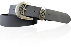 FRESCO schöner Damen Ledergürtel 4 cm mit floraler Gürtelschnalle altsilber, Ledergürtel