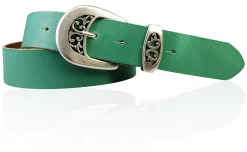 FRESCO schöner Damen Ledergürtel 4 cm mit floraler Gürtelschnalle altsilber, Ledergürtel
