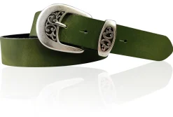 FRESCO schöner Damen Ledergürtel 4 cm mit floraler Gürtelschnalle altsilber, Ledergürtel
