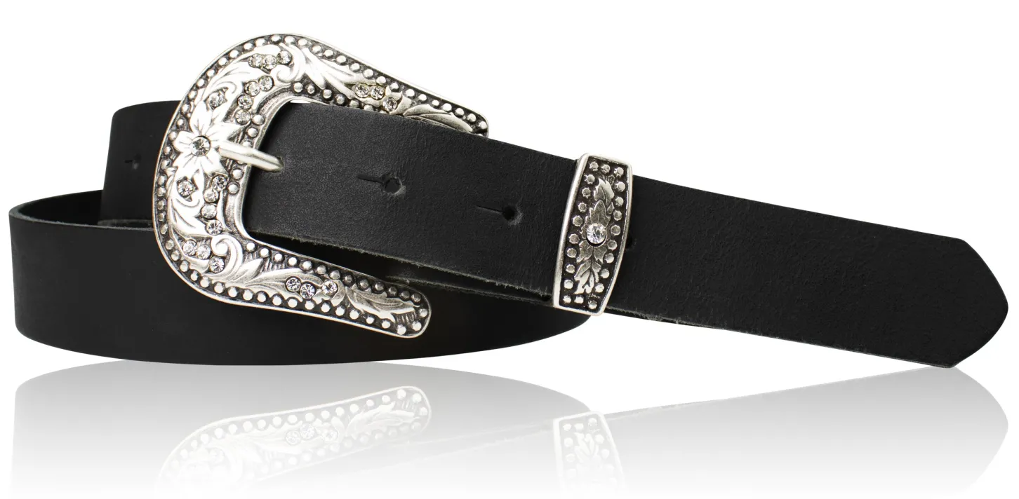 GLAMOUR Damen Ledergürtel 3 cm mit funkelnder Strass Gürtelschnalle, weiches Leder