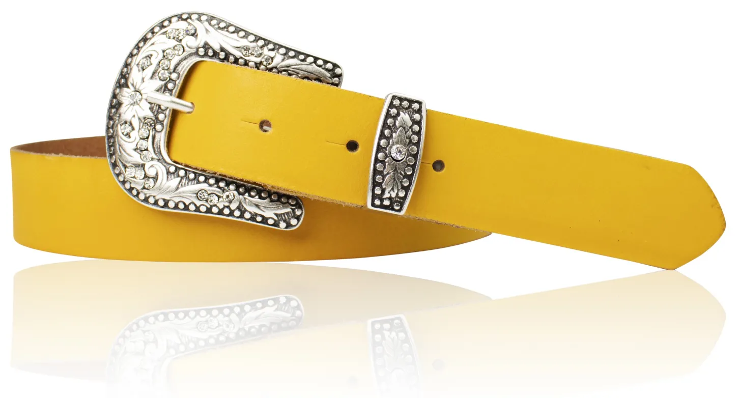 GLAMOUR Damen Ledergürtel 3 cm mit funkelnder Strass Gürtelschnalle, weiches Leder