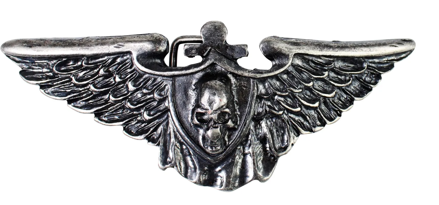 Große Gürtelschnalle mit Flügeln und Totenkopf für 4 cm Riemen