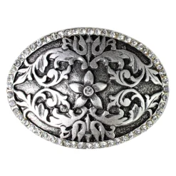 Gürtelschnalle 4 cm mit Blumenmuster und Strasssteinen, Trachtenschnalle