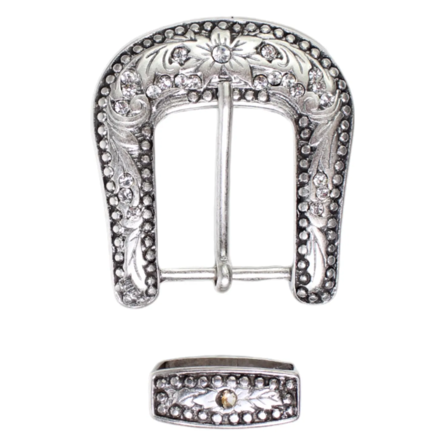Gürtelschnalle + Schlaufe in silber mit Strass 3 cm