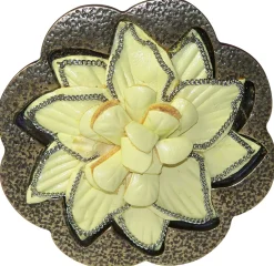 Gürtelschnalle messing, gelbe Lederblüte, Koppelschnalle Damen, 4 cm