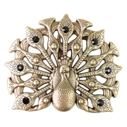 Gürtelschnalle Pfau, messingfarben, schwarze Strass Steine, 4 cm
