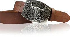 HACIENDA Westerngürtel 4 cm mit Longhorn Büffelkopf Gürtelschnalle, Herren Gürtel, echt Leder
