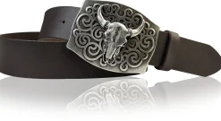 HACIENDA Westerngürtel 4 cm mit Longhorn Büffelkopf Gürtelschnalle, Herren Gürtel, echt Leder