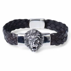 Herrenarmband aus geflochtenem Lederband mit Löwenkopf, Edelstahl