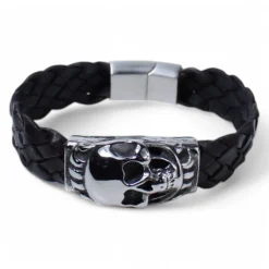 Herrenarmband aus geflochtenem Lederband mit Totenkopf, Edelstahl