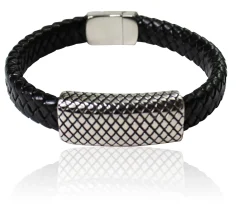 Herrenarmband aus geflochtenem Lederband mit großen Metallteil