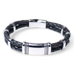 Herrenarmband doppelt geflochtene Lederkordel, Edelstahl Zierteile
