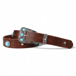 Hochwertiger Ledergürtel Damen im Western Stil, türkise Zierteile, 3cm
