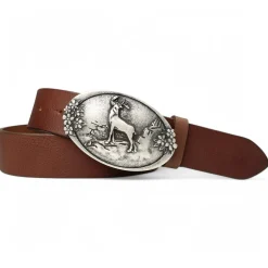 KAPITALER HIRSCH: Trachtengürtel mit Hirsch-Gürtelschnalle vor Gebirge, echt Leder