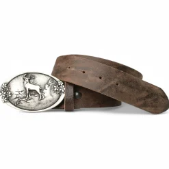 KAPITALER HIRSCH: Trachtengürtel mit Hirsch-Gürtelschnalle vor Gebirge, echt Leder