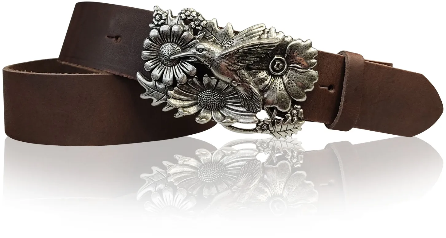 KOLIBRI 2: Damen Ledergürtel Vogel Gürtelschnalle 4 cm, Kolibri Gürtelschnalle silber, Buckle