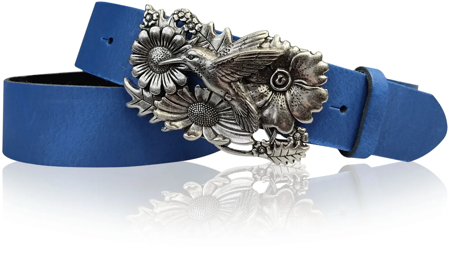 KOLIBRI 2: Damen Ledergürtel Vogel Gürtelschnalle 4 cm, Kolibri Gürtelschnalle silber, Buckle