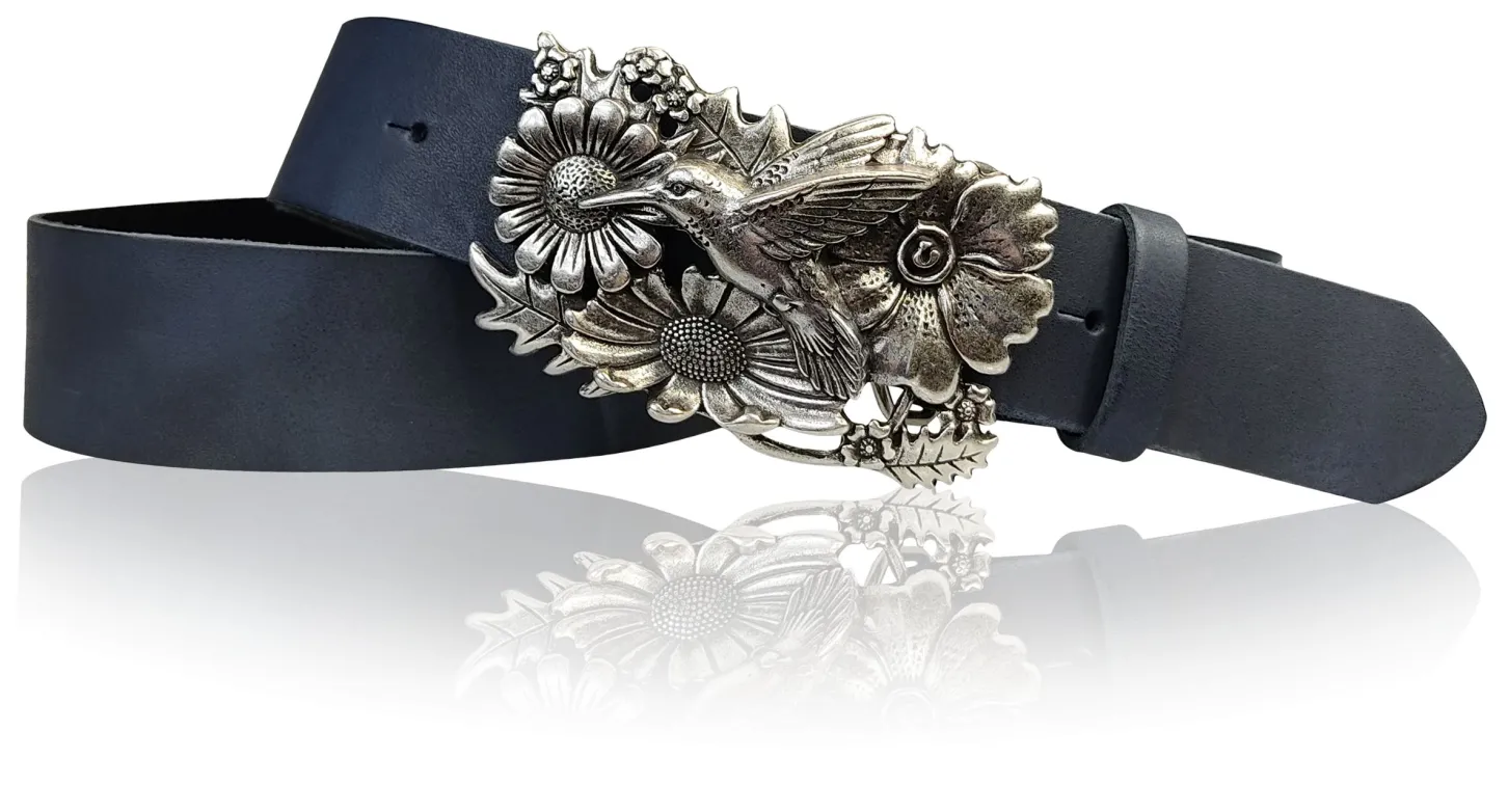 KOLIBRI 2: Damen Ledergürtel Vogel Gürtelschnalle 4 cm, Kolibri Gürtelschnalle silber, Buckle