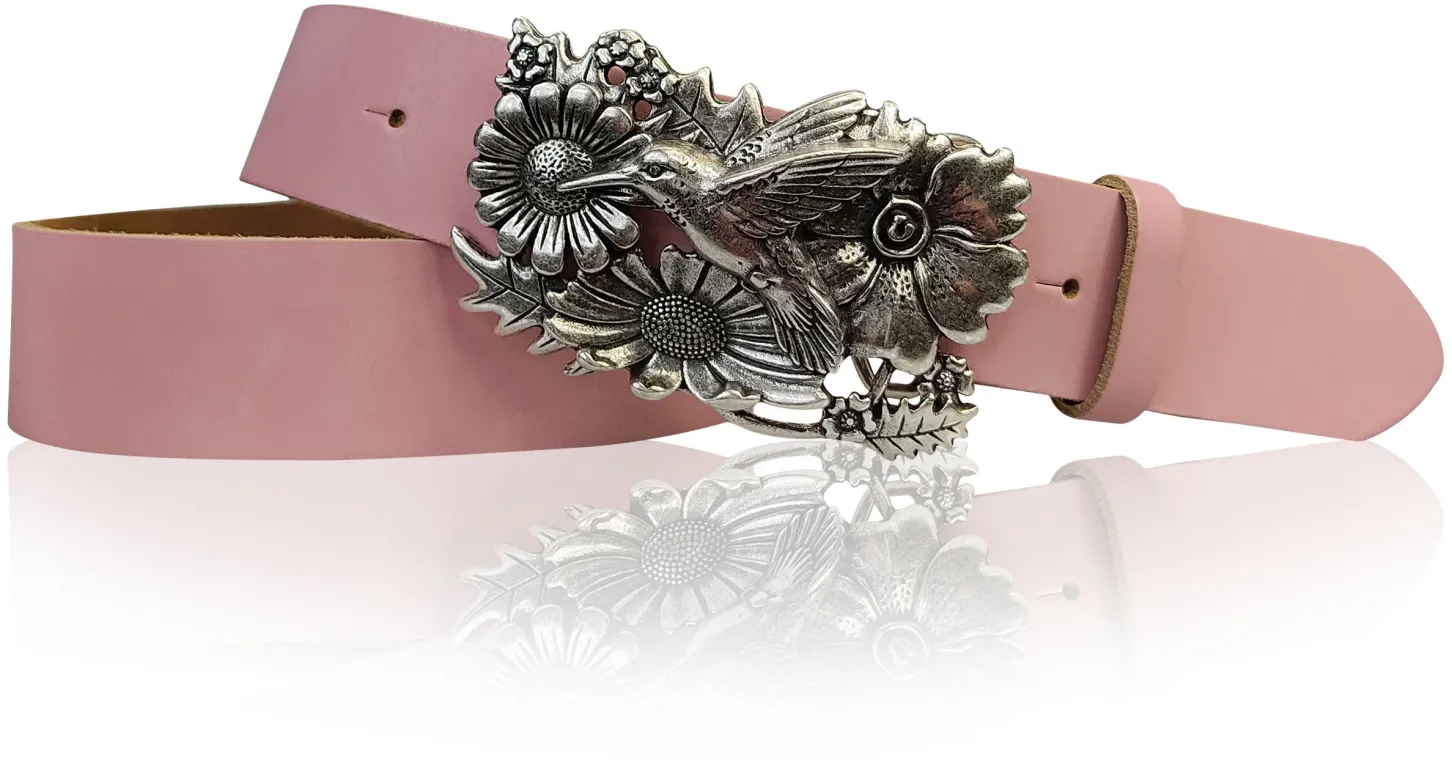 KOLIBRI 2: Damen Ledergürtel Vogel Gürtelschnalle 4 cm, Kolibri Gürtelschnalle silber, Buckle