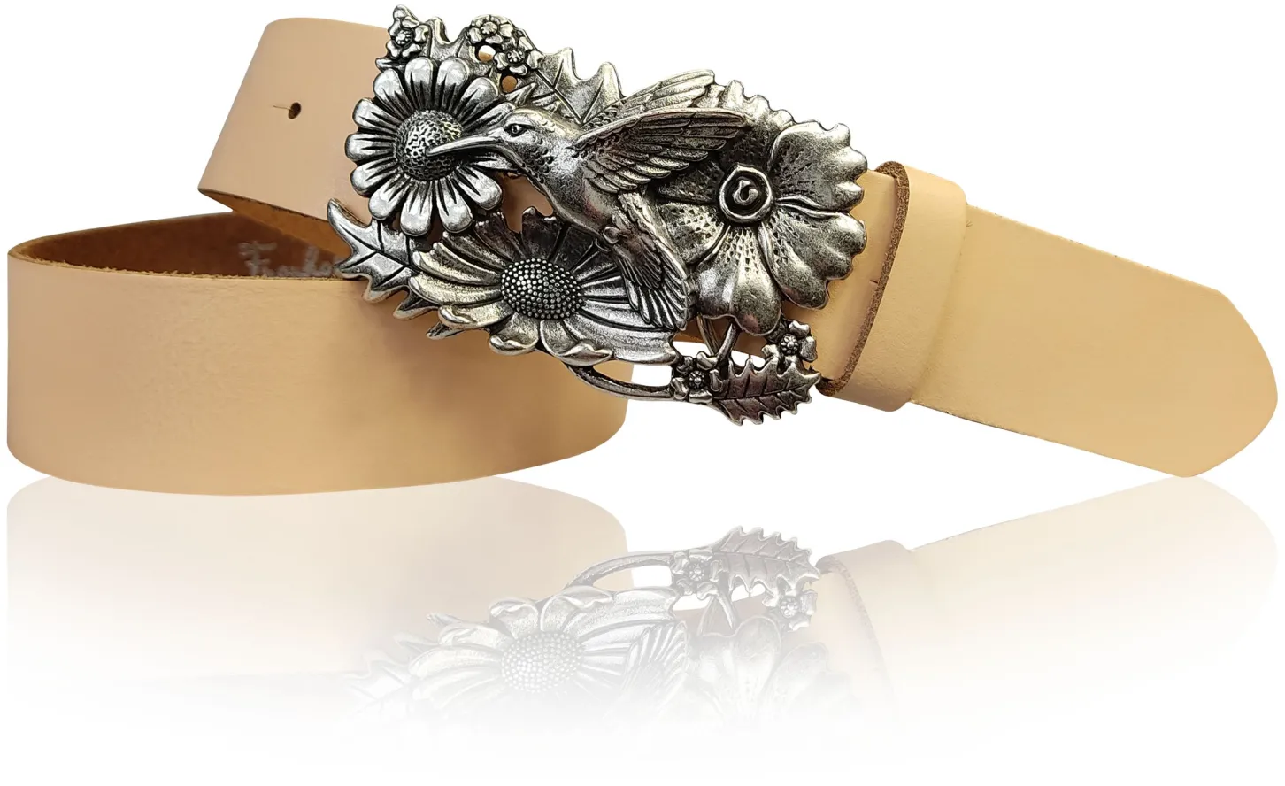 KOLIBRI 2: Damen Ledergürtel Vogel Gürtelschnalle 4 cm, Kolibri Gürtelschnalle silber, Buckle