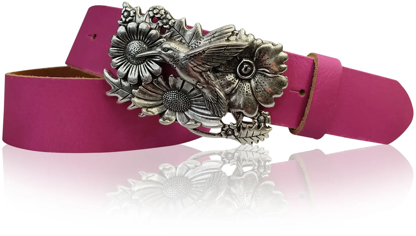 KOLIBRI 2: Damen Ledergürtel Vogel Gürtelschnalle 4 cm, Kolibri Gürtelschnalle silber, Buckle