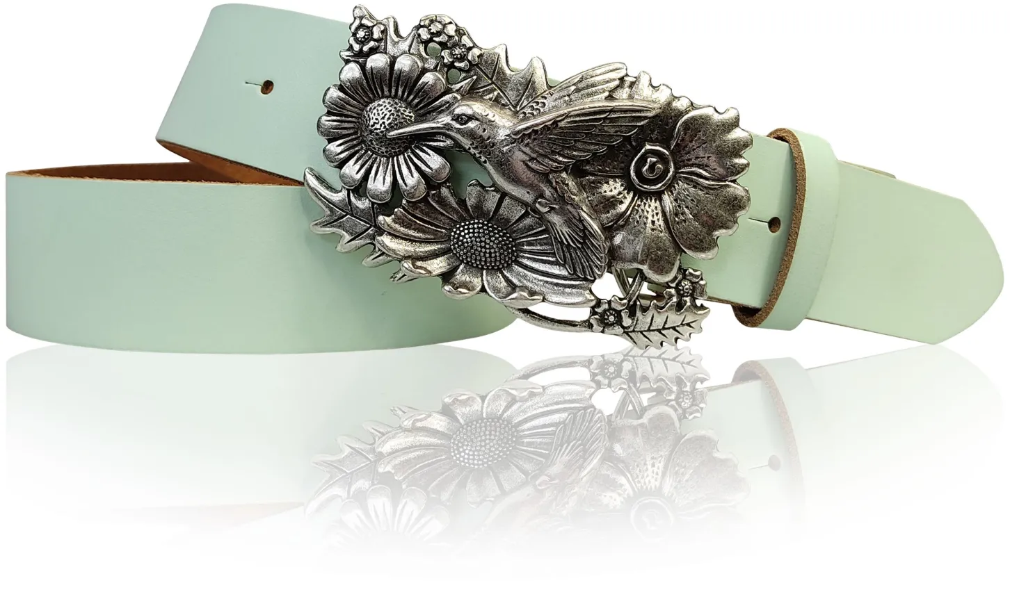KOLIBRI 2: Damen Ledergürtel Vogel Gürtelschnalle 4 cm, Kolibri Gürtelschnalle silber, Buckle