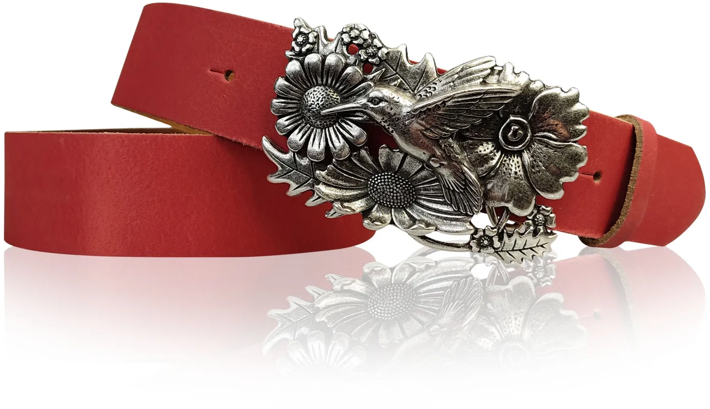 KOLIBRI 2: Damen Ledergürtel Vogel Gürtelschnalle 4 cm, Kolibri Gürtelschnalle silber, Buckle
