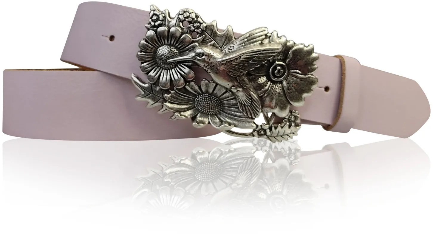 KOLIBRI 2: Damen Ledergürtel Vogel Gürtelschnalle 4 cm, Kolibri Gürtelschnalle silber, Buckle