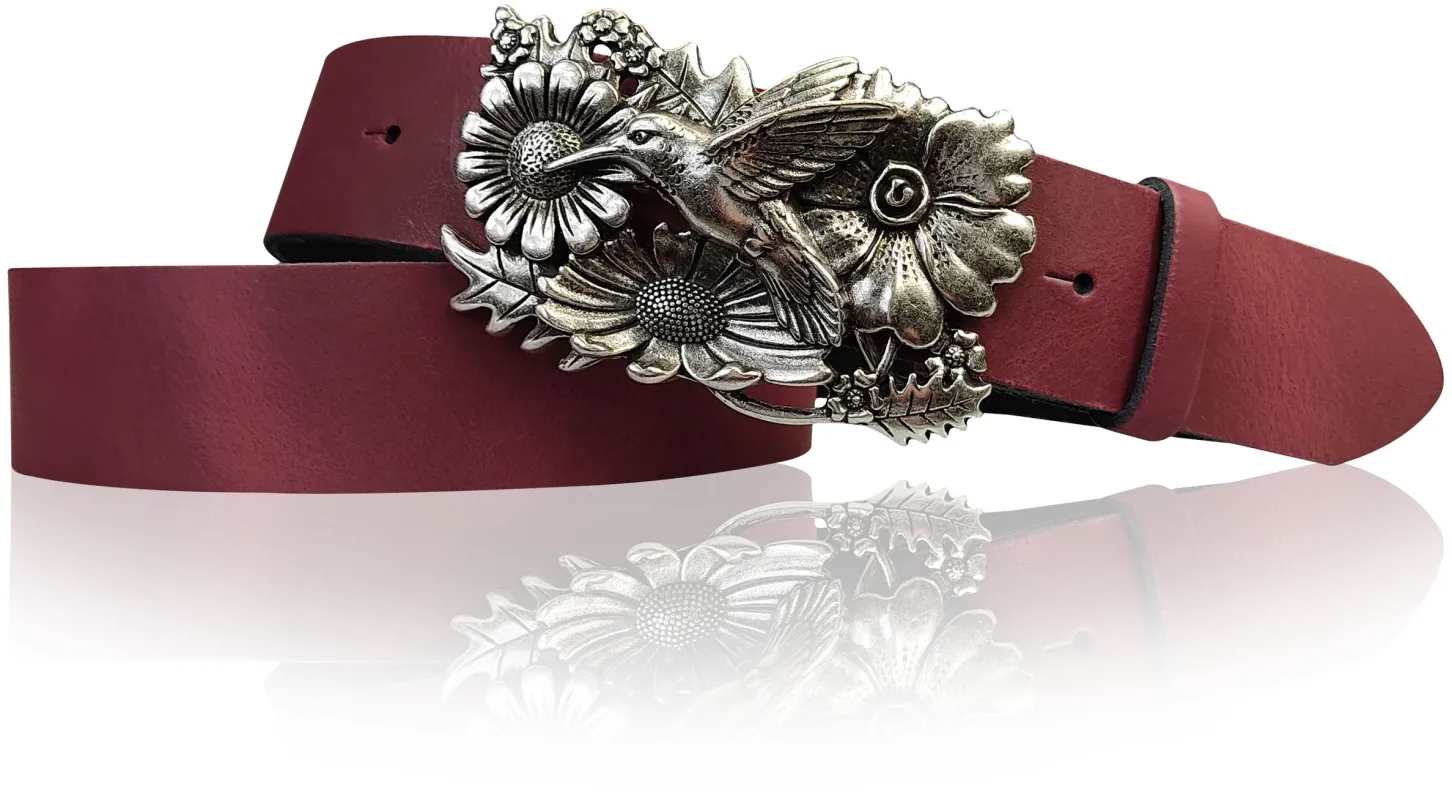 KOLIBRI 2: Damen Ledergürtel Vogel Gürtelschnalle 4 cm, Kolibri Gürtelschnalle silber, Buckle