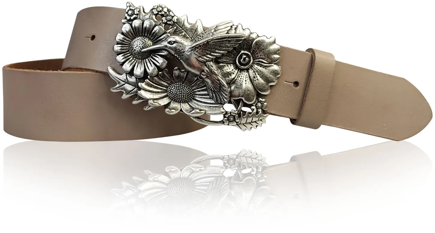 KOLIBRI 2: Damen Ledergürtel Vogel Gürtelschnalle 4 cm, Kolibri Gürtelschnalle silber, Buckle
