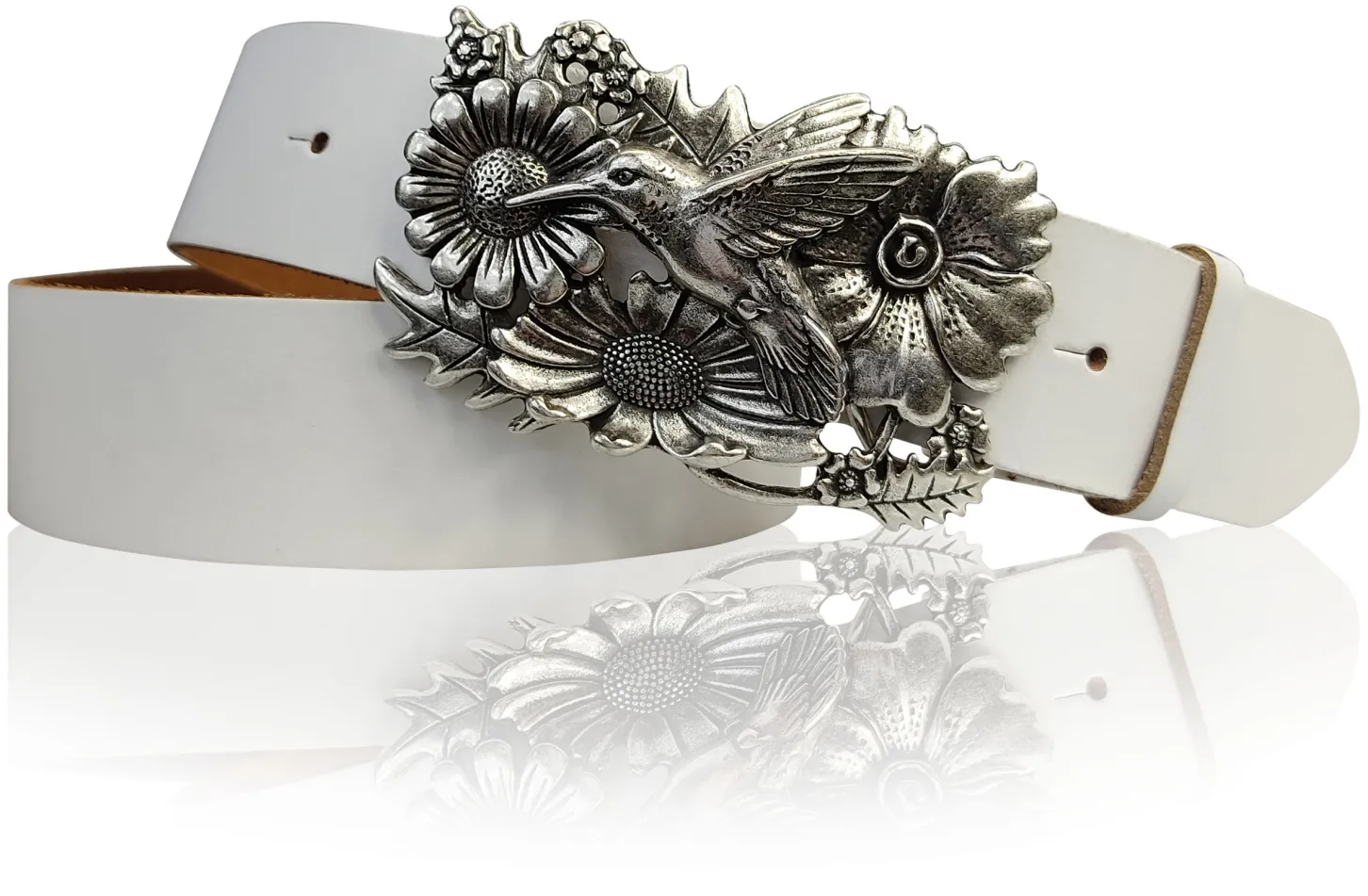 KOLIBRI 2: Damen Ledergürtel Vogel Gürtelschnalle 4 cm, Kolibri Gürtelschnalle silber, Buckle