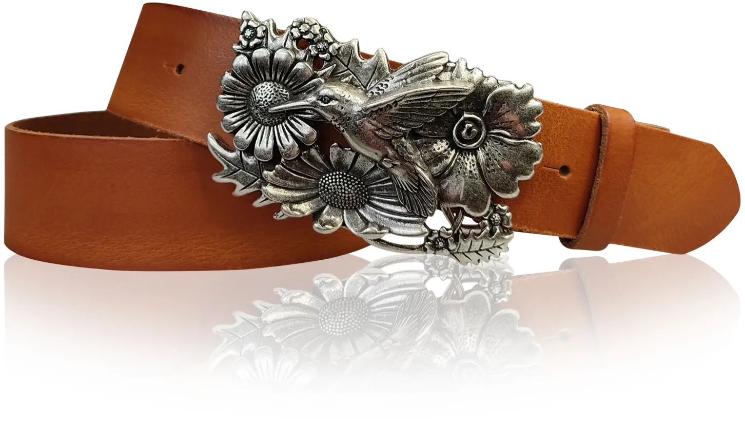 KOLIBRI 2: Damen Ledergürtel Vogel Gürtelschnalle 4 cm, Kolibri Gürtelschnalle silber, Buckle