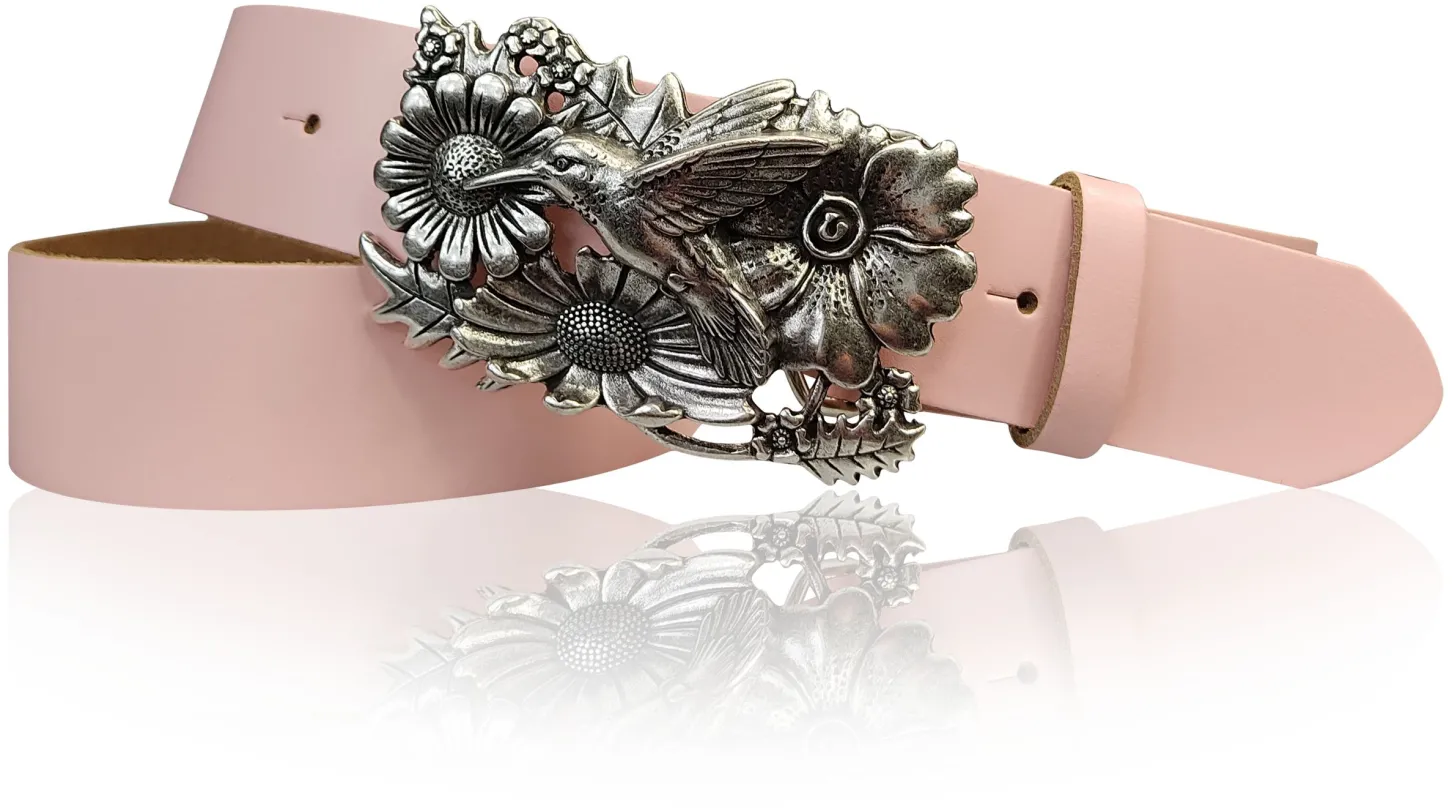 KOLIBRI 2: Damen Ledergürtel Vogel Gürtelschnalle 4 cm, Kolibri Gürtelschnalle silber, Buckle