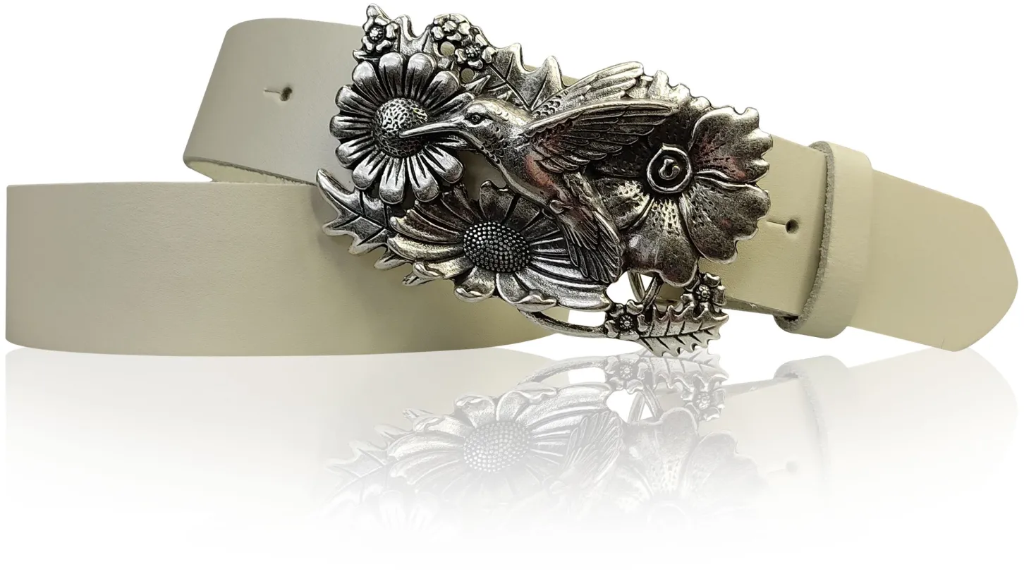 KOLIBRI 2: Damen Ledergürtel Vogel Gürtelschnalle 4 cm, Kolibri Gürtelschnalle silber, Buckle