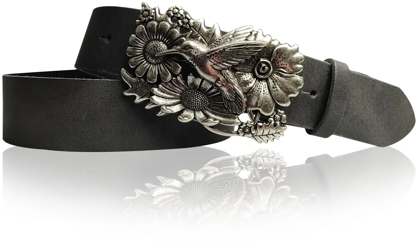 KOLIBRI 2: Damen Ledergürtel Vogel Gürtelschnalle 4 cm, Kolibri Gürtelschnalle silber, Buckle
