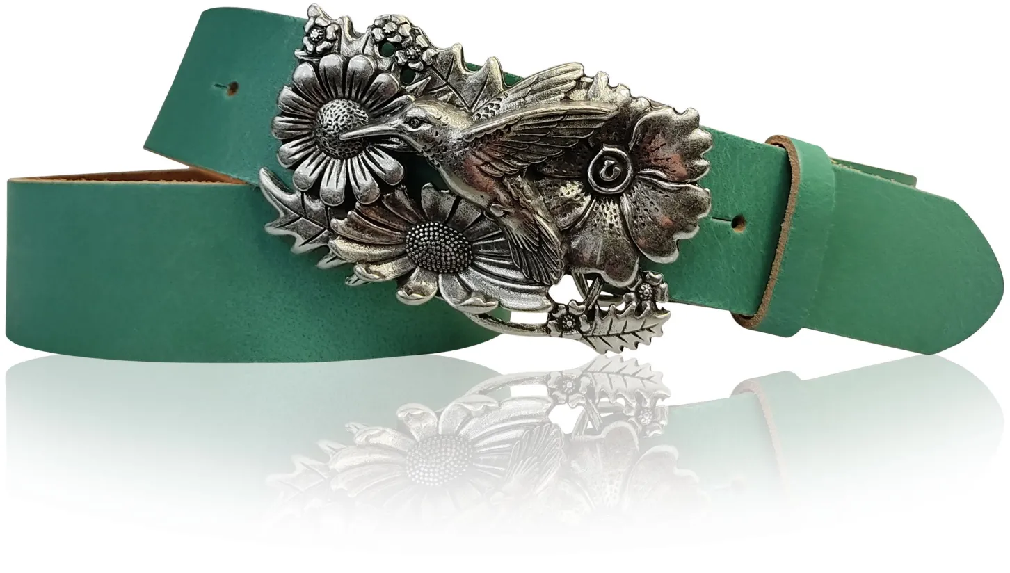 KOLIBRI 2: Damen Ledergürtel Vogel Gürtelschnalle 4 cm, Kolibri Gürtelschnalle silber, Buckle