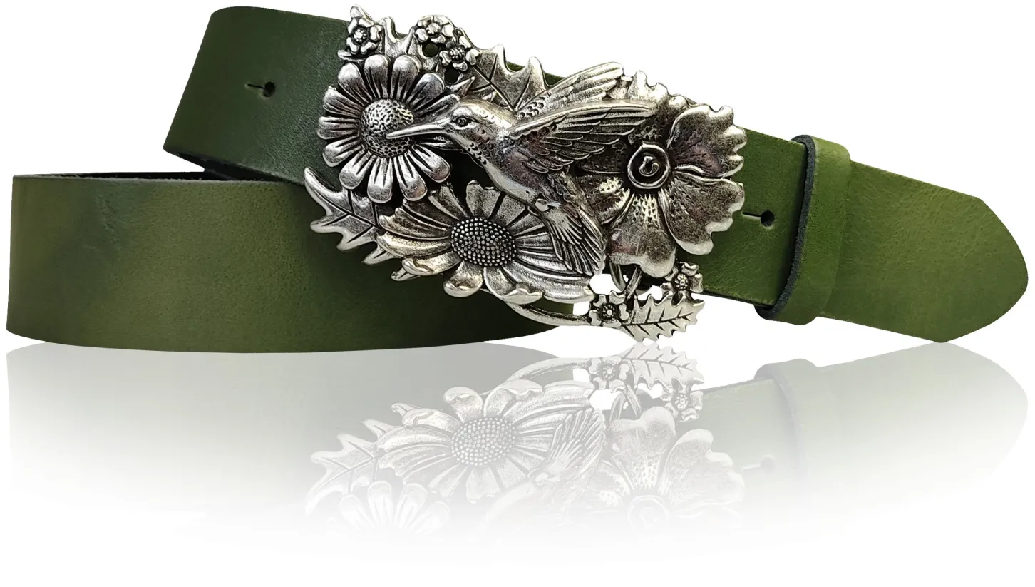 KOLIBRI 2: Damen Ledergürtel Vogel Gürtelschnalle 4 cm, Kolibri Gürtelschnalle silber, Buckle