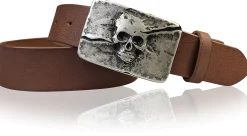 NEAPEL: Gürtel 4 cm mit toller Totenkopf Gürtelschnalle mattsilbern, echtes Leder