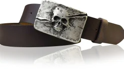 NEAPEL: Gürtel 4 cm mit toller Totenkopf Gürtelschnalle mattsilbern, echtes Leder