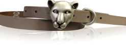 PANTHERA schmaler Damen Ledergürtel, Katzenkopf, Tiger Gürtelschnalle mit Strassaugen, 1,5 cm