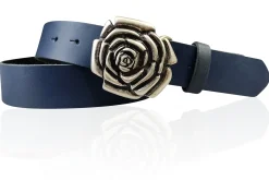 ROSE Damen Ledergürtel Motivschnalle Rosenblüte altsilberne Gürtelschnalle 4 cm