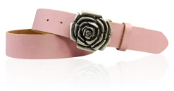 ROSE Damen Ledergürtel Motivschnalle Rosenblüte altsilberne Gürtelschnalle 4 cm