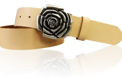 ROSE Damen Ledergürtel Motivschnalle Rosenblüte altsilberne Gürtelschnalle 4 cm