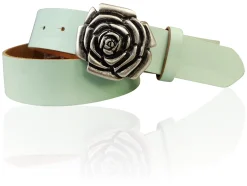 ROSE Damen Ledergürtel Motivschnalle Rosenblüte altsilberne Gürtelschnalle 4 cm