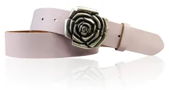 ROSE Damen Ledergürtel Motivschnalle Rosenblüte altsilberne Gürtelschnalle 4 cm