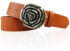 ROSE Damen Ledergürtel Motivschnalle Rosenblüte altsilberne Gürtelschnalle 4 cm