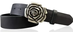 ROSE Damen Ledergürtel Motivschnalle Rosenblüte altsilberne Gürtelschnalle 4 cm