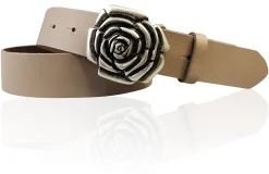 ROSE Damen Ledergürtel Motivschnalle Rosenblüte altsilberne Gürtelschnalle 4 cm